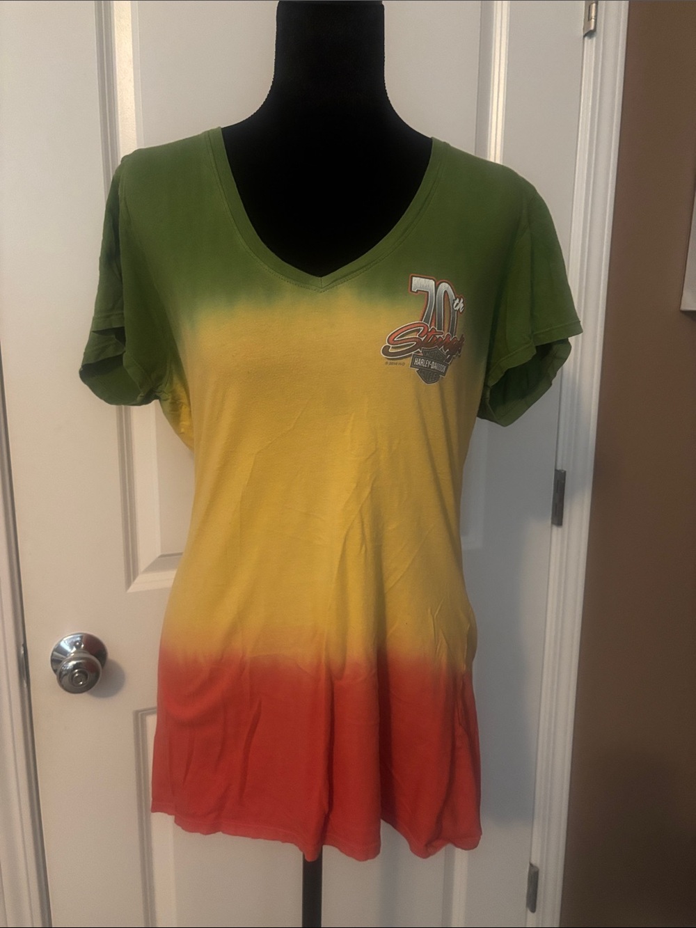 Harley-Davidson Green Yellow Red Ombre V-Neck Short Sleeve Tee
